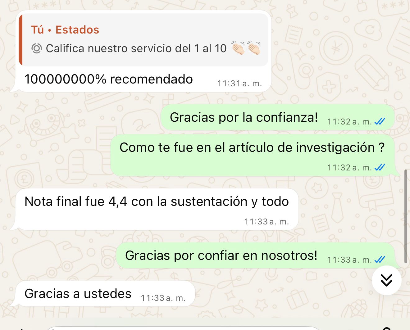 Captura de WhatsApp: cliente satisfecho con la asesoría académica recibida